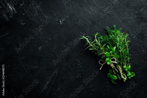 Fototapeta Naklejka Na Ścianę i Meble -  Fresh green spices and herbs. Dill, parsley, rosemary. On a black stone background. Top view. Free copy space.