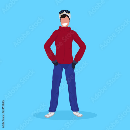 happy man standing pose guy winter vacation activity concept male cartoon character full length flat