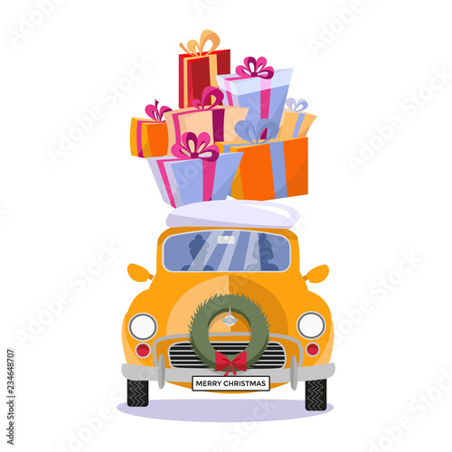 Flat vector cartoon illustration of small car with presents, gift boxes, snow on the roof. Little classic yellow car carrying gift boxes on its top. Vehicle is located in front, decorated with wreath.