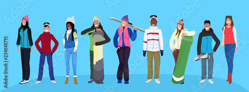 mix race skiers snowboarders holding equipment happy people wearing winter clothes vacation activity concept male female cartoon character full length flat horizontal