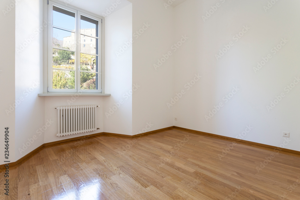 Empty room with parquet and window overlooking the castle Empty room with parquet and window overlooking the castle