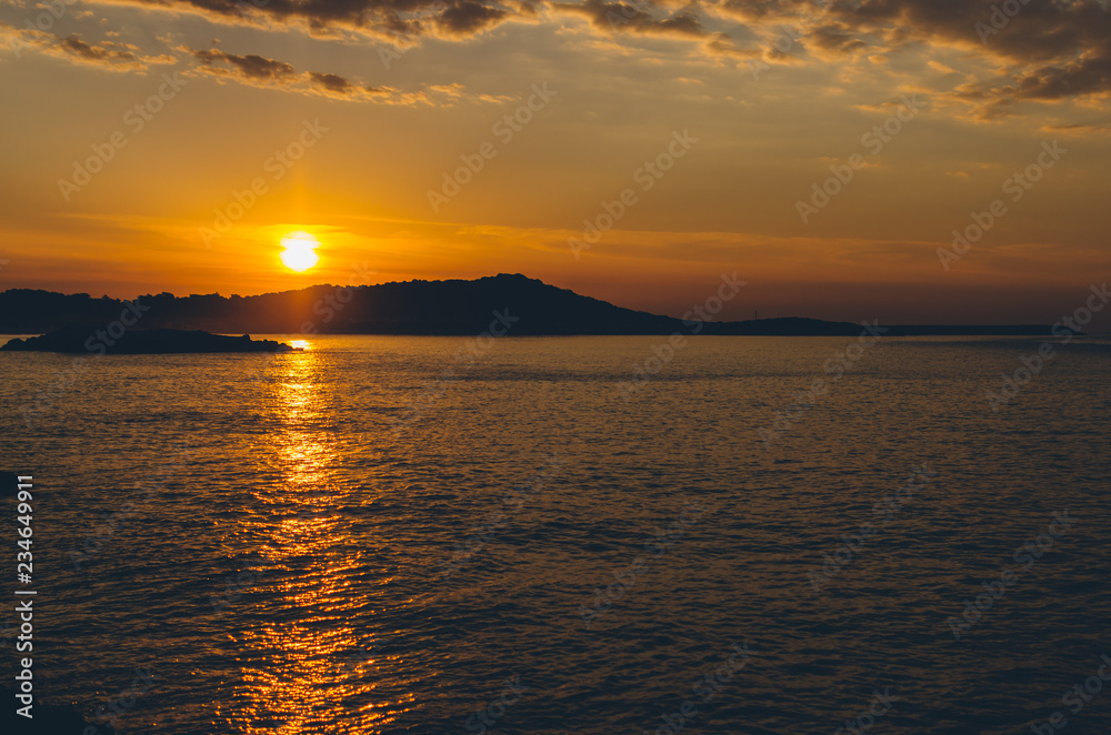 Naklejka premium Seascape with cloudy sky at sunset. Fethie Beach. Mediterranean Sea, Antalya Province, Lycia, Anatolia Peninsula, Mediterranean Coast, Turkey,