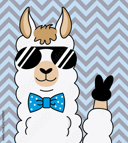 cool alpaca with sunglasses and making victory with fingers