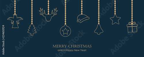 christmas greeting card with hanging decoration fir santa cap angel gift star bell on dark blue background vector illustration EPS10