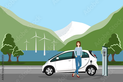Woman next to an electric car (new energy vehicle, NEV). Vector illustration