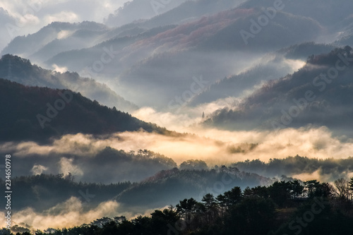 日本、中国山地の絶景、掛頭山からの雲海と朝日