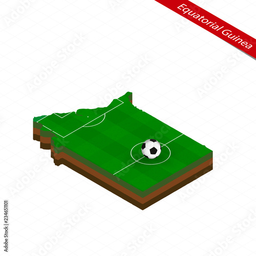 Isometric map of Equatorial Guinea with soccer field. Football ball in center of football pitch.