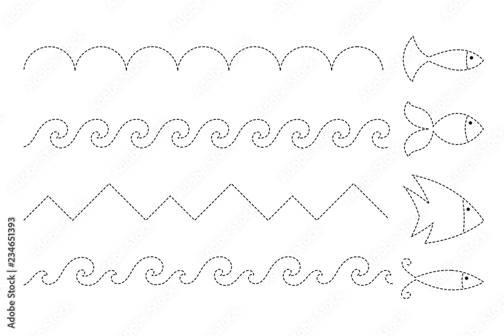 drawing worksheet for preschool kids with easy gaming level of difficulty simple educational game with fishes and waves different shapes for children stock illustration adobe stock