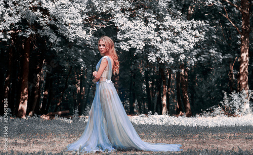A girl in a transparent dress, in lingerie, walking through the spring forest
