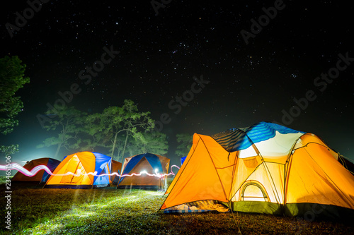 Camping tourism and tent with star at night scene.