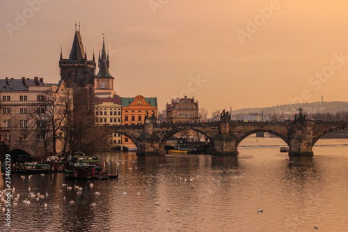 Yellow sunset over the Vltava River and the Charles Bridge in Prague, Czech Republic. © Tanya Hendel