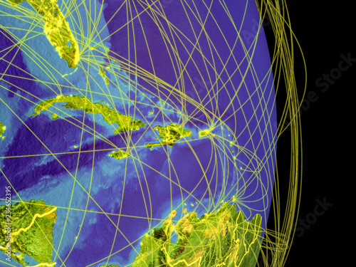 Caribbean on Earth with trajectories representing international communication, travel, connections.