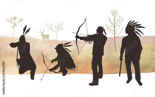 Vector illustration. Indians silhouettes . Man on the hunt. Element of design.