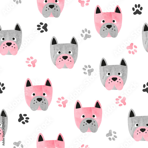Seamless cute dog pattern. Vector background with watercolor bulldogs and paws.