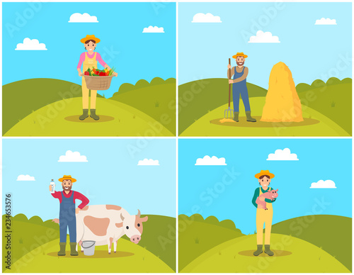 Farmer with Pig Piglet Set Vector Illustration