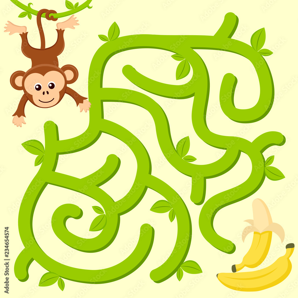 Fototapeta premium Pomóż małpie znaleźć drogę do banana. Labirynt. Gra labirynt dla dzieci