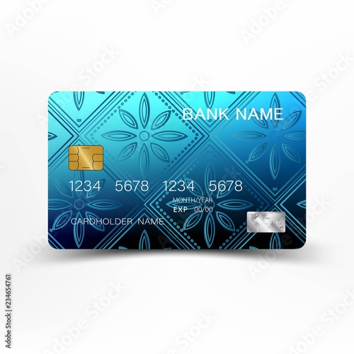 Modern credit card template design. With inspiration from the line abstract. Blue color on gray background. Glossy plastic style.