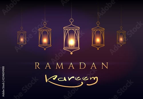 Ramadhan background. Ramadan greeting card vector background, arabic mubarak ramzan night lanterns in darkness
