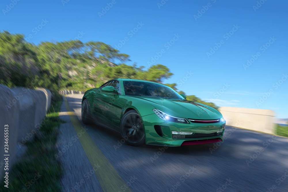 3d render of a generic coupe drifting on a road at mallorca island 3d render of a generic coupe drifting on a road at mallorca island