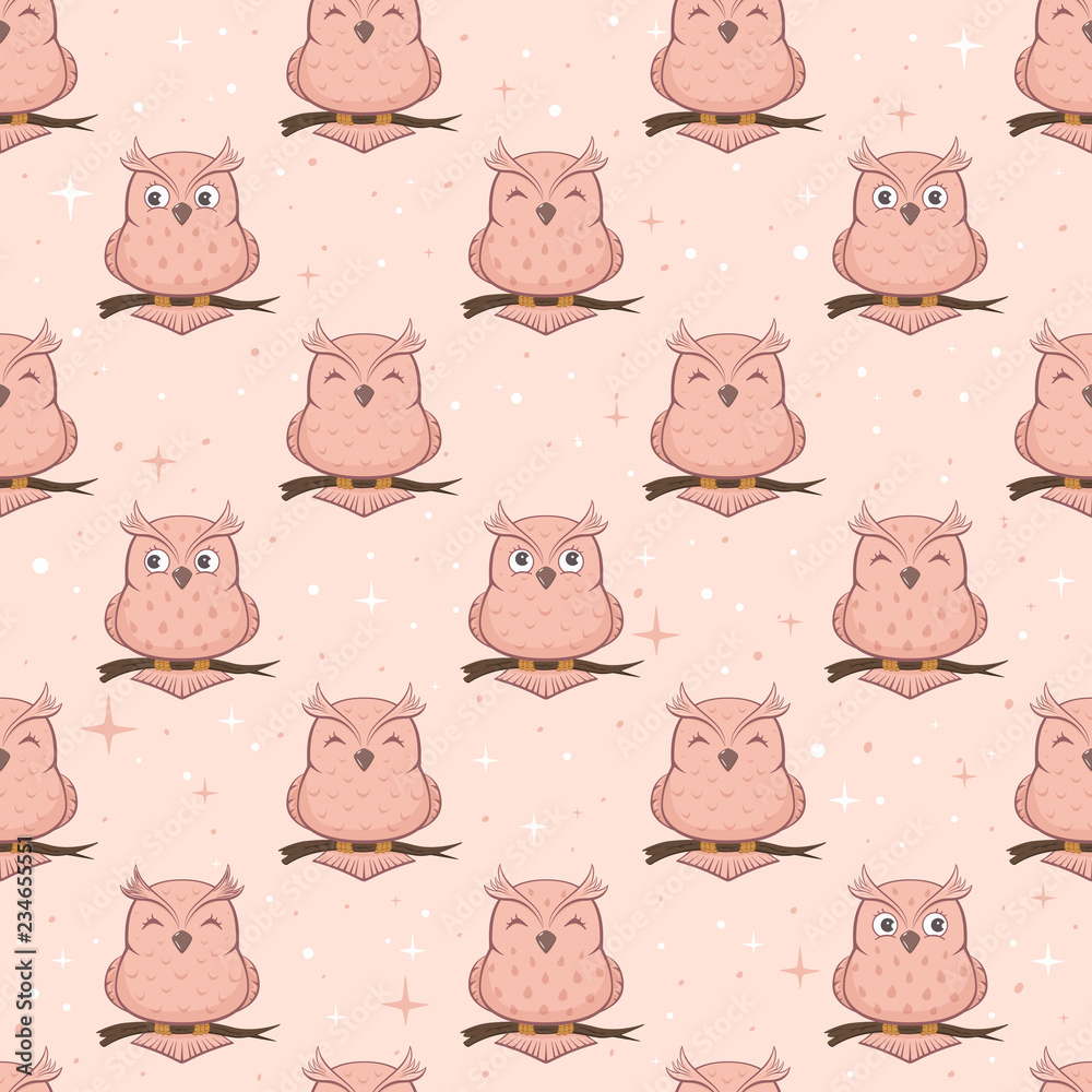 Pink Seamless Background with Owls