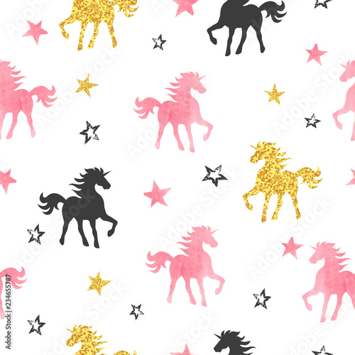 Seamless unicorn pattern. Vector background with watercolor unicorns and stars.