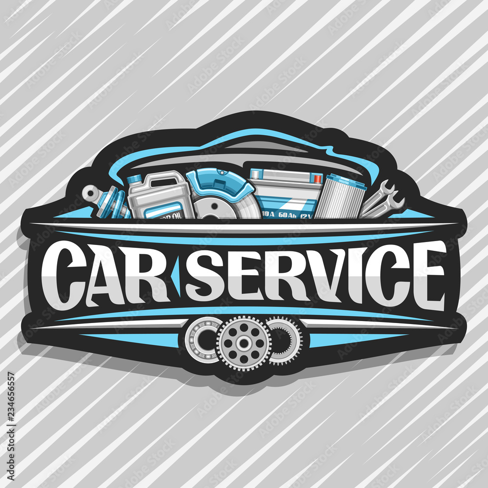 Naklejka premium Logo wektorowe dla serwisu samochodowego, czarna dekoracyjna naklejka z zestawem różnych części samochodowych dla różnych systemów samochodowych mechanika, napis na słowa serwis samochodowy, etykieta z ilustracją dla przemysłu motoryzacyjnego