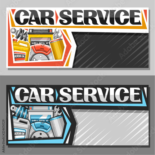 Vector banners for Car Service with copy space, leaflets with set of different auto parts for various mechanic car system, original lettering for words car service, brochure for automotive industry.