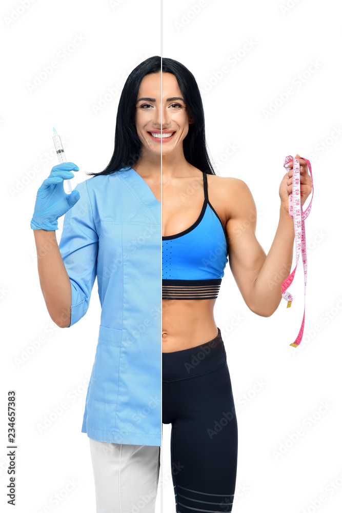 Woman in two occupations of nurse and fitness trainer. Woman in two occupations of nurse and fitness trainer.
