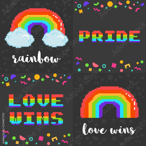 Vector set of four 8 bit pixel art LGBT posters