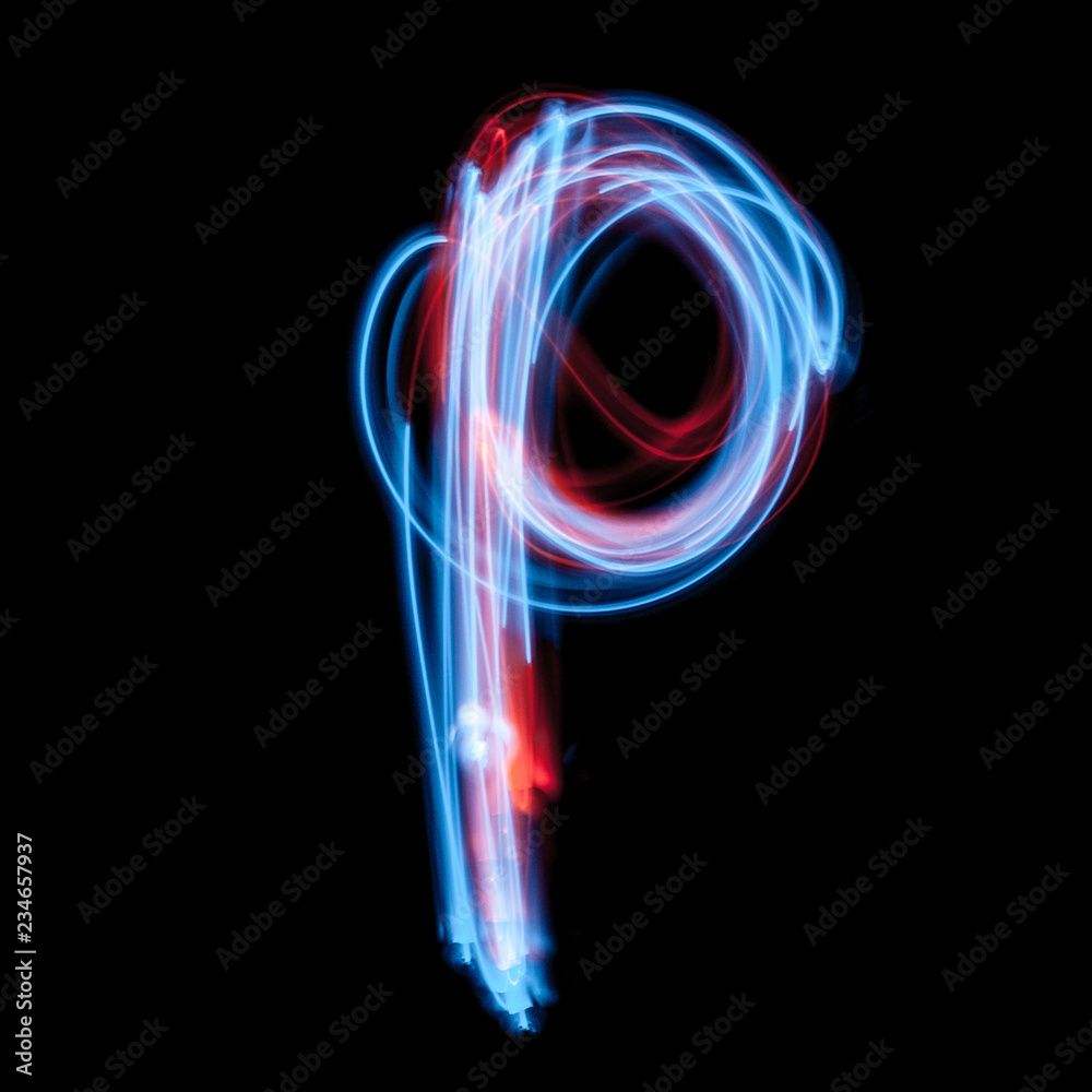 Letter P of the alphabet made from neon sign. The blue light image, long exposure with colored fairy lights, against a black background - obrazy, fototapety, plakaty 
