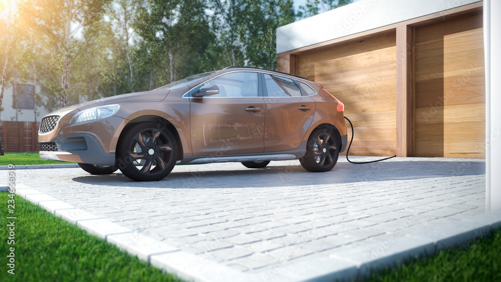 Modernes Elektroauto zu Hause Strom tanken braunes SUV Modernes Elektroauto zu Hause Strom tanken braunes SUV