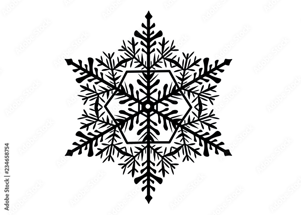 Isolated black silhouette of a snowflake on a white background. Illustration of snowflakes