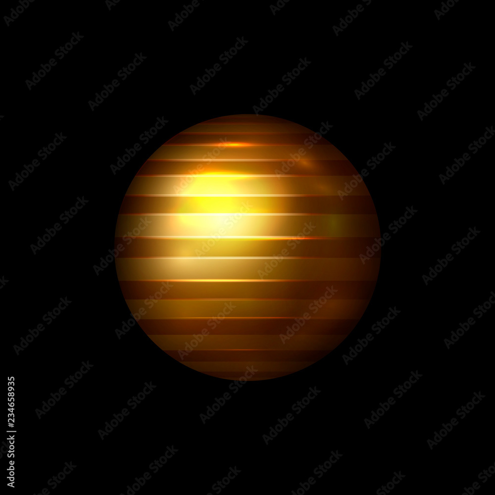 Vector abstract geometric shape. 3d shine gold color sphere. Striped ball isolated on black background. Christmas ornament, logo template, xmas decoration. Vector illustration. EPS 10. - obrazy, fototapety, plakaty 