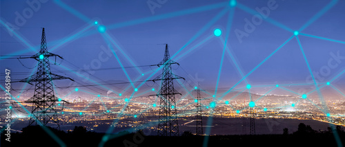 Tableau sur toile High power electricity poles in urban area connected to smart grid