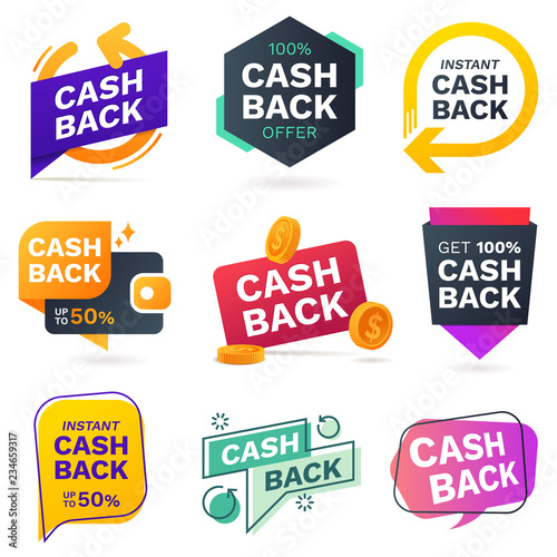 Cash back icons set. Colorful cashback banner collection. Money refund signs. Return of money from purchases. Promotion badges for your business. Vector illustration.