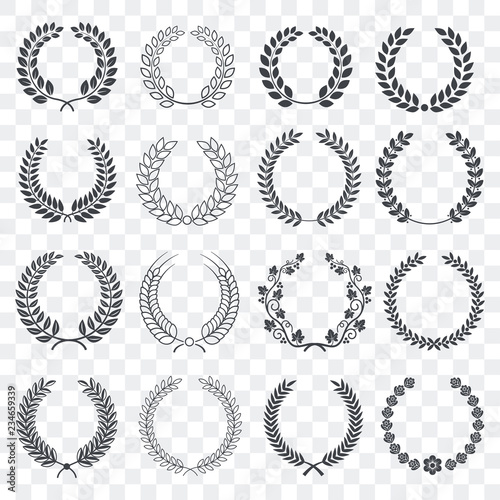 Vintage laurel wreath set. Circular wreath collection isolated on transparent background. Symbol of victory, award, luxury, anniversary. Decoration elements for your design. Vector illustration.