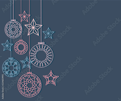 Christmas hanging balls and snowflakes vector. Xmas background borders header illustration. Happy Holidays background. photo