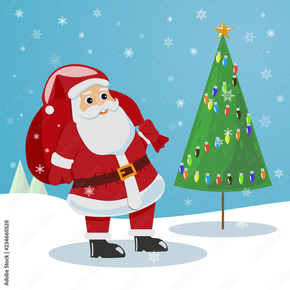 Christmas tree with gift greeting card. Xmas tree, decorated with New Year ball, lights and snowflake, Santa bag with present box, ribbon bow and candy for winter holidays celebration design Christmas tree with gift greeting card. Xmas tree, decorated with New Year ball, lights and snowflake, Santa bag with present box, ribbon bow and candy for winter holidays celebration design