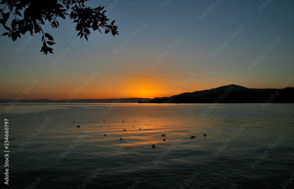Sunset at Lake Geneva in Montreux, Switzerland.