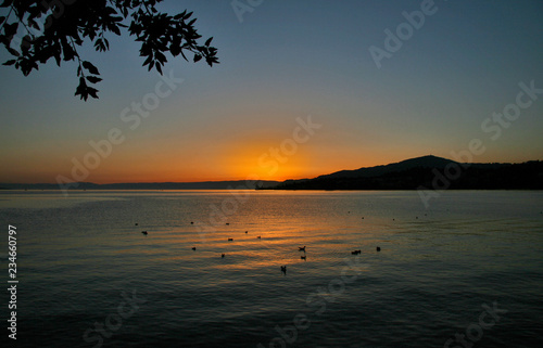 Sunset at Lake Geneva in Montreux, Switzerland.