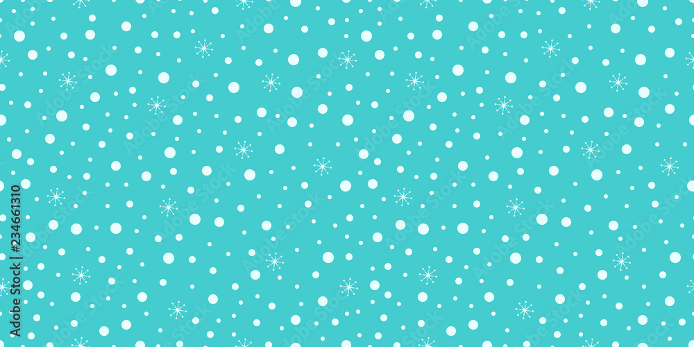 Snow falling repeated texture. Winter seamless pattern. Vector snowflakes background. Can use for Christmas, New Year designs, vacation decor, textile, fabric, wrapping paper. turquoise color.
