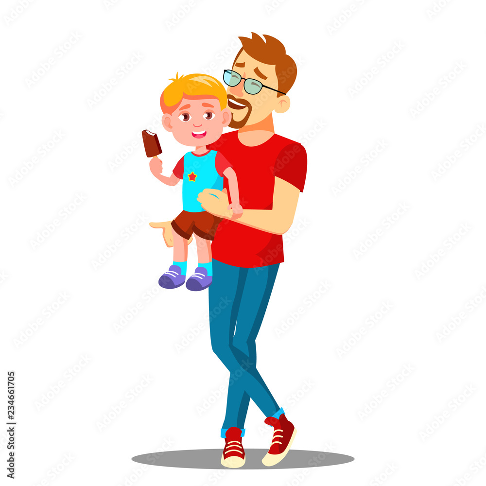 Father And Son Enjoy Eating Ice Cream Vector. Isolated Illustration Father And Son Enjoy Eating Ice Cream Vector. Isolated Illustration