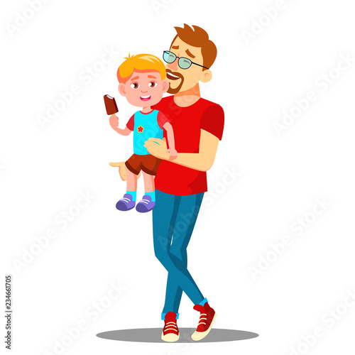 Father And Son Enjoy Eating Ice Cream Vector. Isolated Illustration