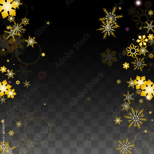 Christmas  Vector Background with Gold Falling Snowflakes Isolated on Transparent Background. Realistic Snow Sparkle Pattern. Snowfall Overlay Print. Winter Sky. Design for Party Invitation.