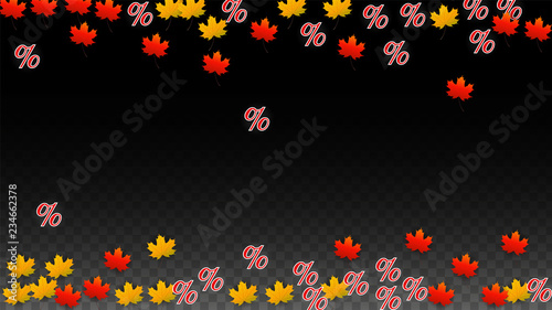 Vector Percentage Sign and Autumn Leaves Confetti on Transparent Background. Percent Sale Background. Business, Economics, Finance Print. Discount Illustration. Promotion poster. Black Friday Banner. 