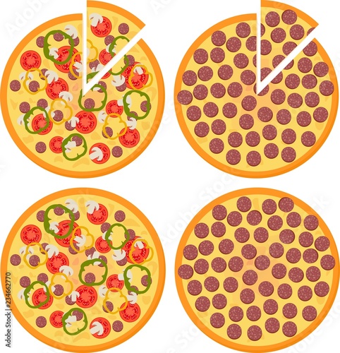Set of Fresh pizza with tomatoes, cheese, mushrooms and Pepperoni Pizza, top view. Vector Illustration