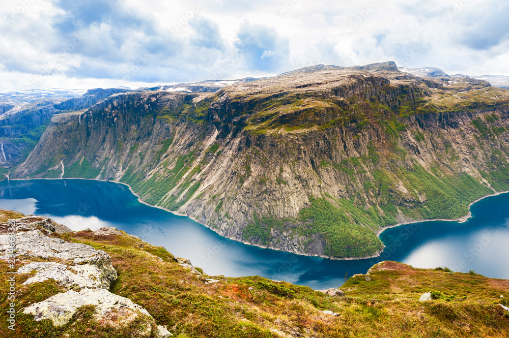 Ringedalsvatnet lake in the mountains near Trolltunga landmark in Norway.