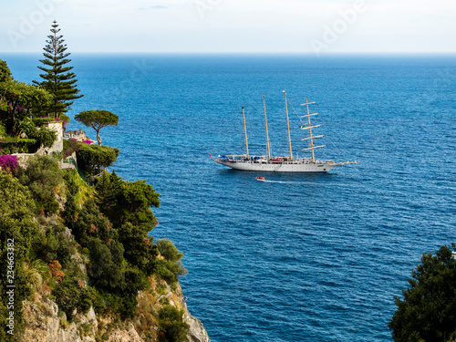 View of sailing ship off the coast, Positano, Costiera Amalfitana, Sorrento Peninsula, Amalfi Coast, Campania, Italy