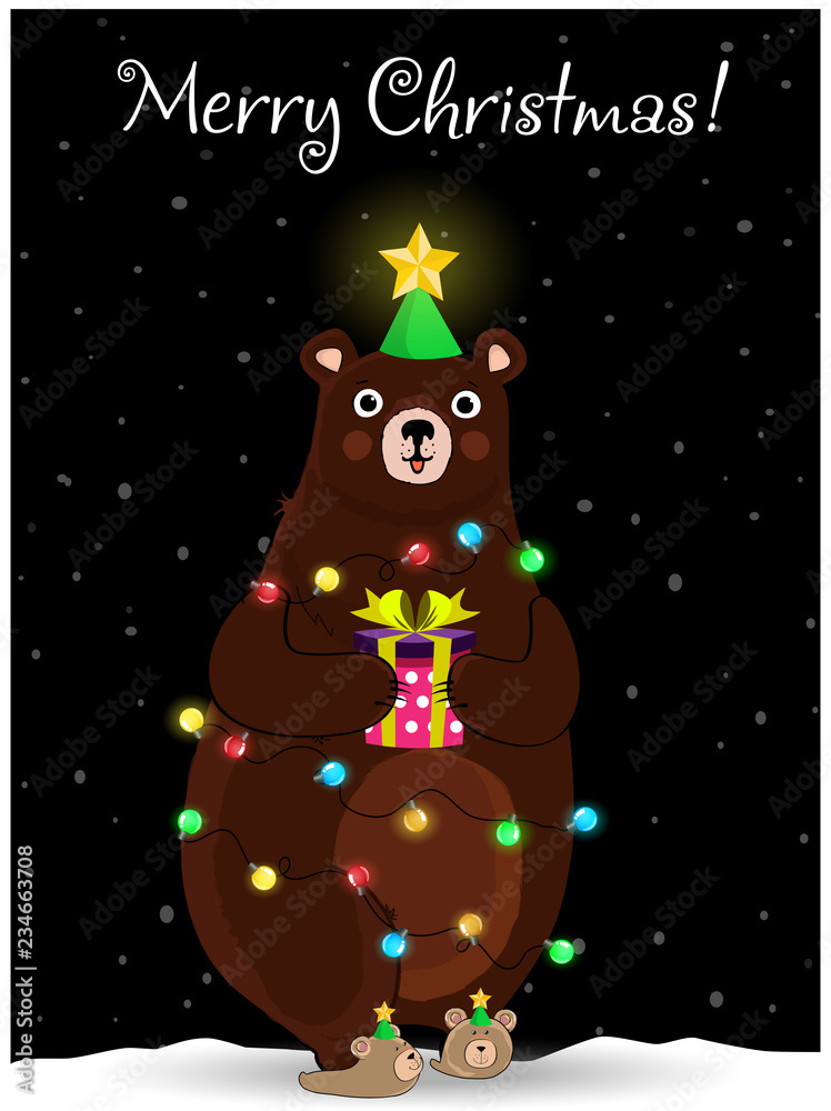 Christmas bear in fir tree hat wind round with garland on night snowy background.