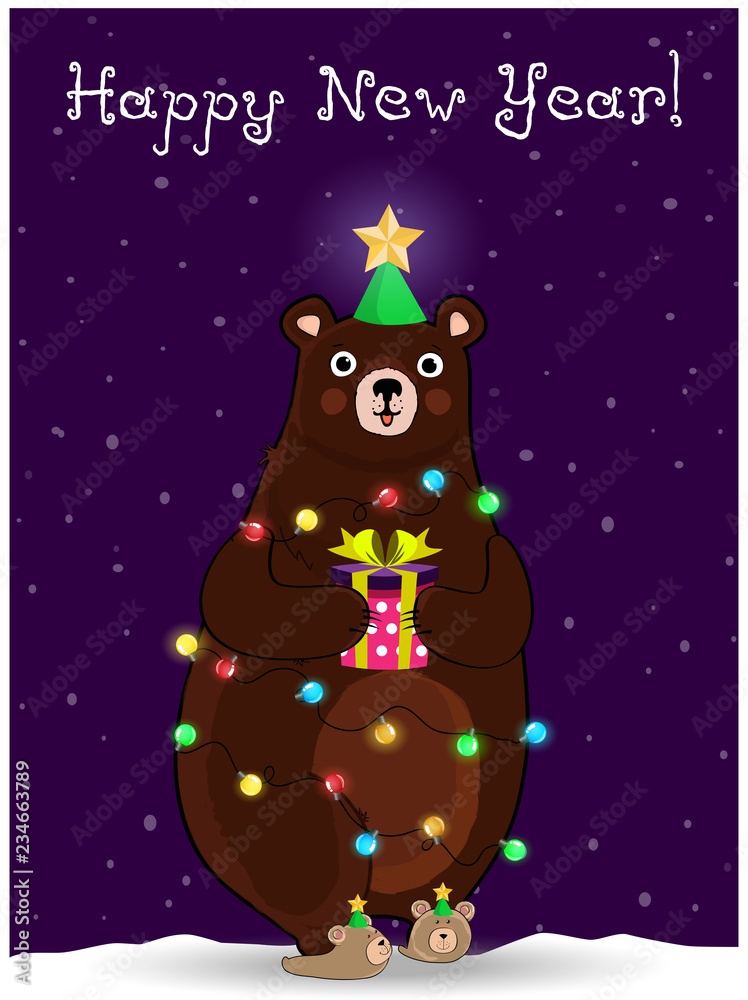 New year bear in fir tree hat wind round with garland on night snowy background.